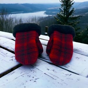 Handcrafted Red and Black Plaid Wool Mittens with Faux Fur Shearling Lined